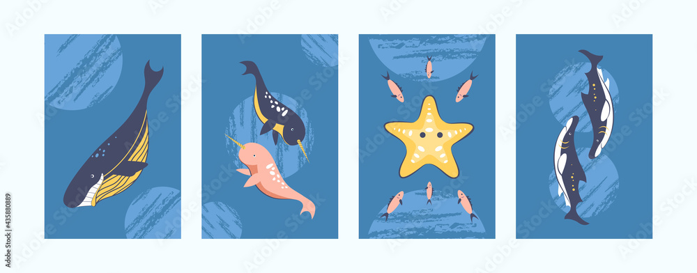 Obraz premium Illustration set for underwater concept in pastel colors. Sea world illustration collection. Cute narwhal, whale, shark, starfish on blue background. Can be used for banners, website designs