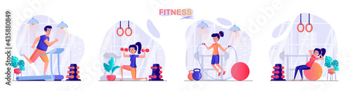 Fitness concept scenes set. Man running on treadmill, woman doing exercises with dumbbells or ball, conducts workout. Collection of people activities. Vector illustration of characters in flat design