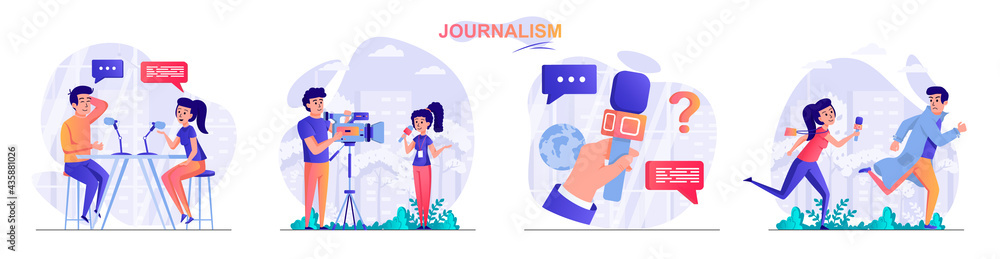 Journalism concept scenes set. Journalist interviews, reportage records reportage, paparazzi, work on television. Collection of people activities. Vector illustration of characters in flat design