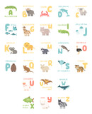 Cute alphabet poster with cartoon animals. Vector zoo illustrations of Alligator buffalo crab dolphin fish giraffe hippo koala lion Muskox ostrich penguin rhino stingray tiger whale