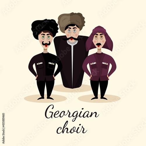 Georgian choir. Georgia. Traditional costume. Cute singing Georgians in cartoon style. Characters for the menu, site, books. Vector illustration of Caucasian traditions.