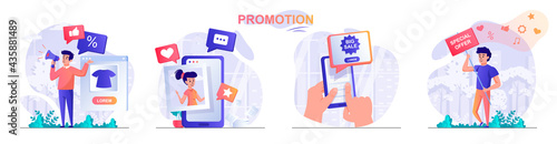 Promotion concept scenes set. Marketer attracts new customers with bonuses, discounts, big sale and special offer. Collection of people activities. Vector illustration of characters in flat design