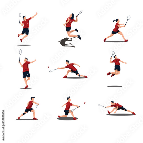 sport man and women athlete are playing badminton cartoon set isolated on white