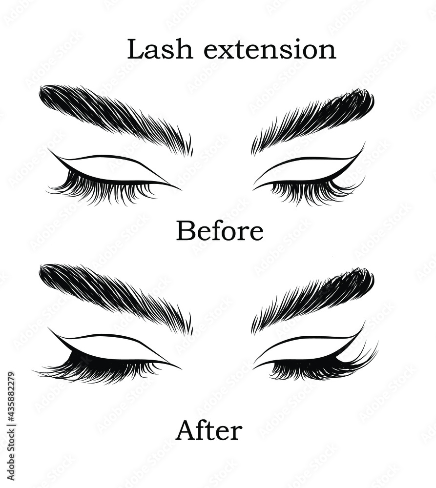 Eyelash  before and after illustration isolated on white background. Hand drawn eye with detailed eyebrow and lashes