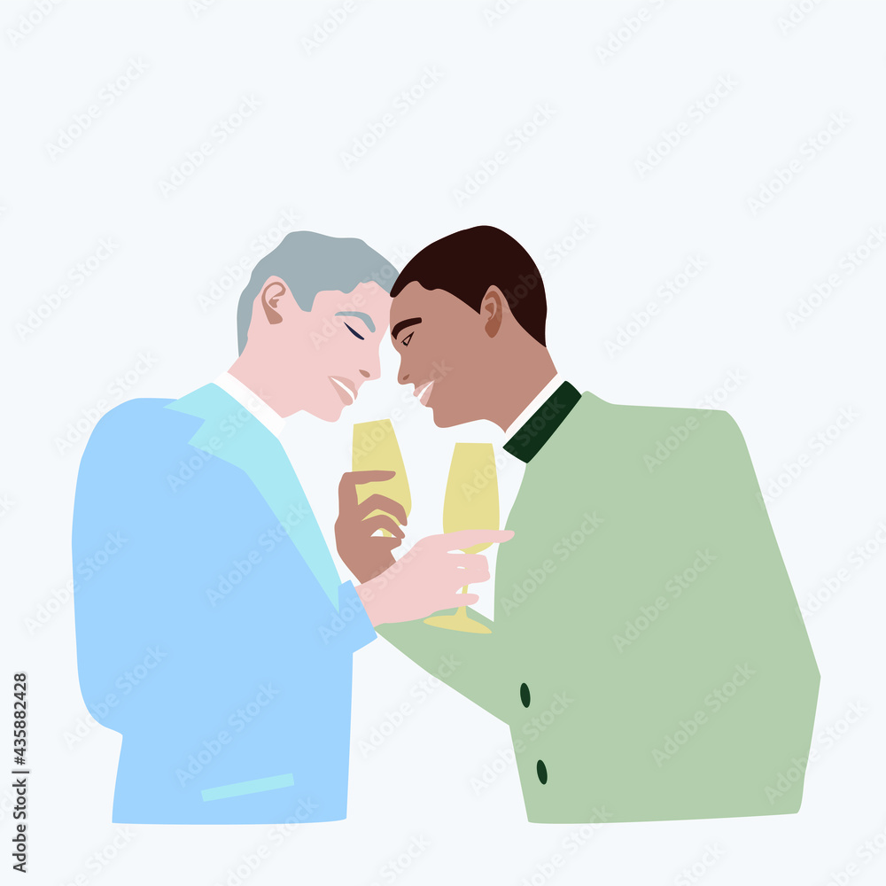 Two men from different ethnic groups in blazers with a glass of champagne in their hands for the concept of same-sex marriage with a copy of the space. Vector illustration Two men from different ethnic groups in blazers with a glass of champagne in their hands for the concept of same-sex marriage with a copy of the space. Vector illustration