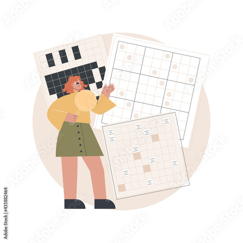 Do a crossword and sudoku abstract concept vector illustration. Stay home games and puzzles, keep your brain in shape, self-isolation time spending, quarantine leasure activity abstract metaphor.