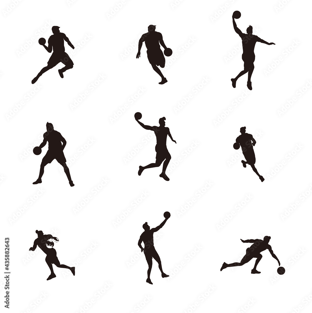 silhouette illustrations cartoon set of man playing basket ball game - silhouette illustrations set of basket ball player isolated on white silhouette illustrations cartoon set of man playing basket ball game - silhouette illustrations set of basket ball player isolated on white