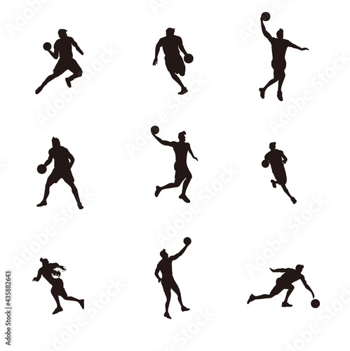 silhouette illustrations cartoon set of man playing basket ball game - silhouette illustrations set of basket ball player isolated on white