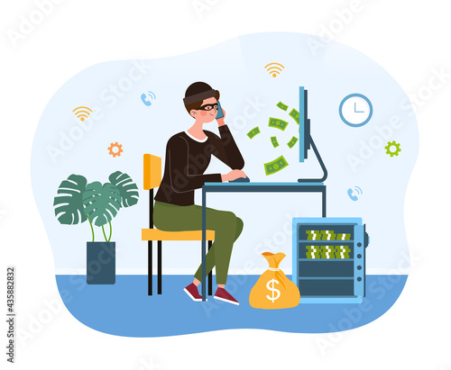 Social media fraud, swindler working at computer.
