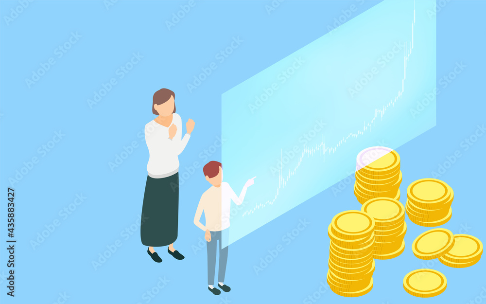 お金の教育イメージ、株価チャートを見る母親と子どものアイソメトリックイラスト お金の教育イメージ、株価チャートを見る母親と子どものアイソメトリックイラスト