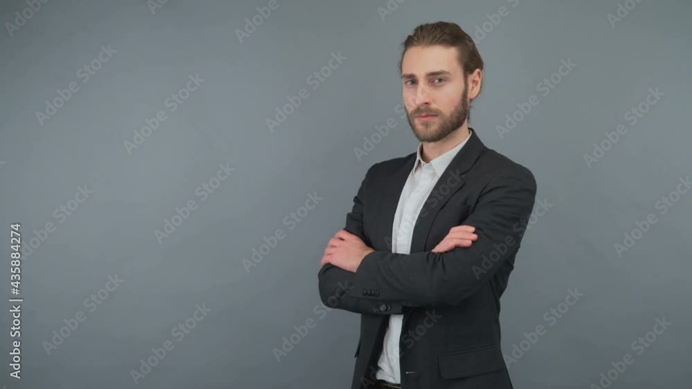 Portrait of his he nice-looking attractive lovely masculine bearded guy folded arms isolated over light gray pastel background Portrait of his he nice-looking attractive lovely masculine bearded guy folded arms isolated over light gray pastel background