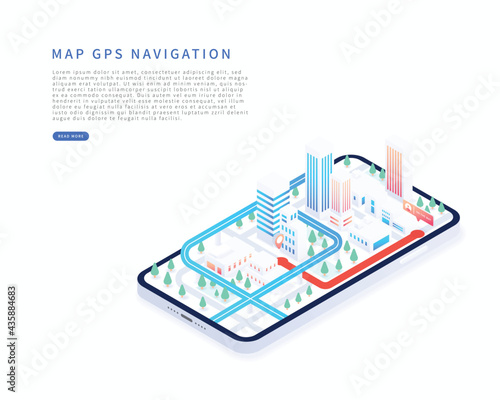 Mobile navigation application in isometric vector illustration. City isometric plan with buildings, road, GPS tracking on smartphone. Map GPS navigation on mobile application. Vector illustration.