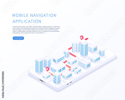 Mobile navigation application in isometric vector illustration. City isometric plan with buildings, road, gps tracking on smartphone. Map on mobile application. Vector illustration.