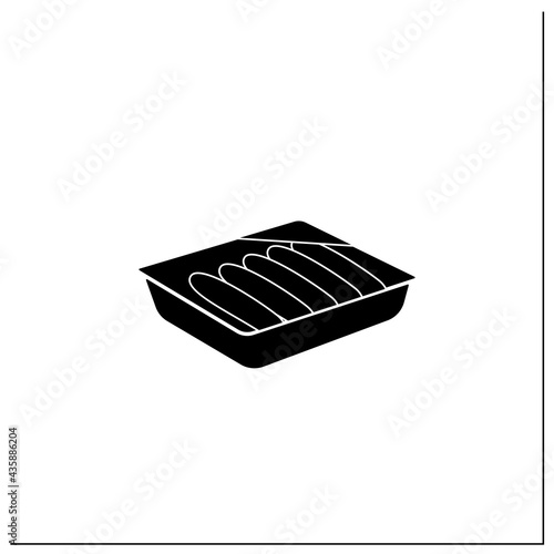 Sausages glyph icon. Meal in plastic box. Portion control, protection, tampering resistance from bacteria. Packing foods concept. Filled flat sign. Isolated silhouette vector illustration