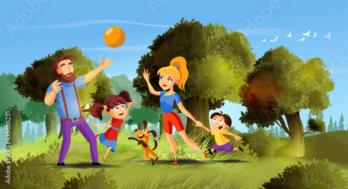 Family active holidays happy parents with kids during playing ball at summer outdoors. Young family in beautiful nature,forest, landscape.Cartoon vector illustration