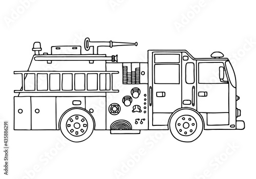 Fire truck in doodle style. Coloring for children. Hand Drawn.