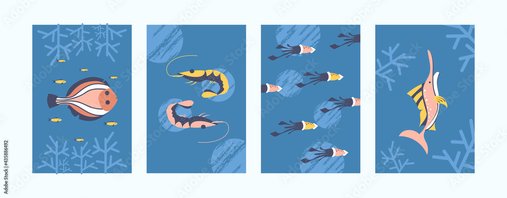 Set of sea animals illustrations in pastel style. Sea world illustration set in gentle colors. Cute fish, swordfish, squid on blue background. Underwater life concept for banners, website design