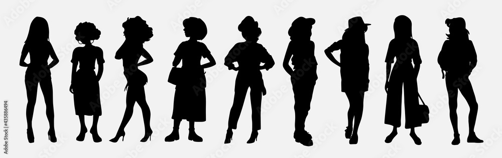 Set Of Vector Students Silhouettes. Collection of stylish young women dressed in trendy clothes.Set of fashionable casual and formal outfits.Vector Image
