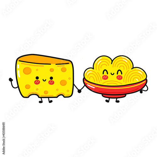 Funny cute happy spaghetti whith cheese characters bundle set. Vector kawaii line cartoon style illustration. Cute spaghetti, cheese mascot character collection