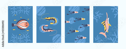 Set of sea animals illustrations in pastel style. Sea world illustration set in gentle colors. Cute fish, swordfish, squid on blue background. Underwater life concept for banners, website design