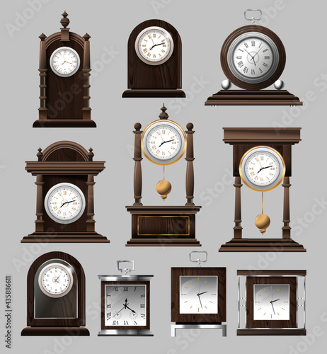 Clock time antique vintage ancient classic old traditional retro. Set of antique old realistic clocks design in detail. Premium Vector