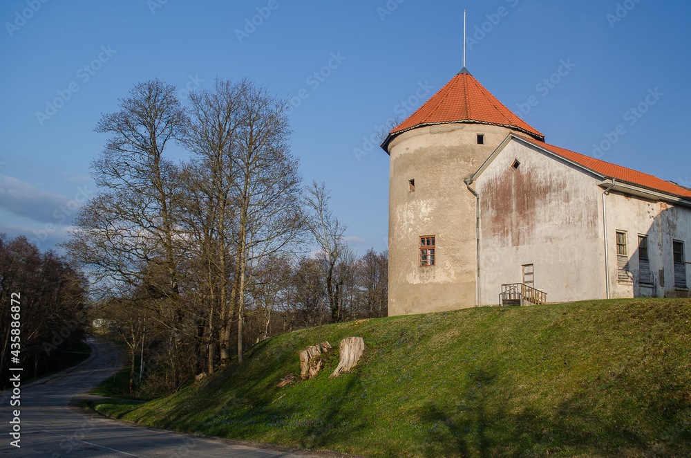 Alsunga Livonian Order castle in spring, Latvia.