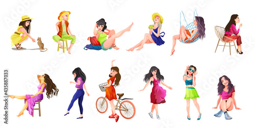 Vector People Set with Beautiful Girls and Women. Office Girl and a Housewife. Yoga girl  girl is sitting  resting  lying  thinking. Isolated vector illustration in cartoon style