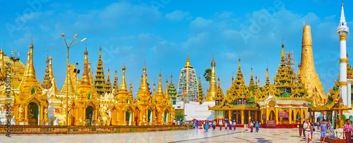 Panorama of the shrines in Shwedagon Zedi Daw, Yangon, Myanmar photo