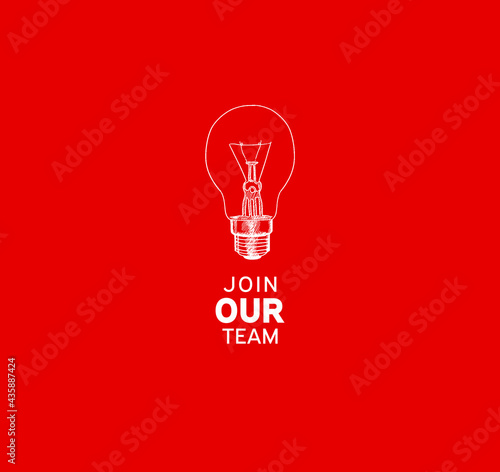 Join our team with light bulb icon on red background using hand drawing style