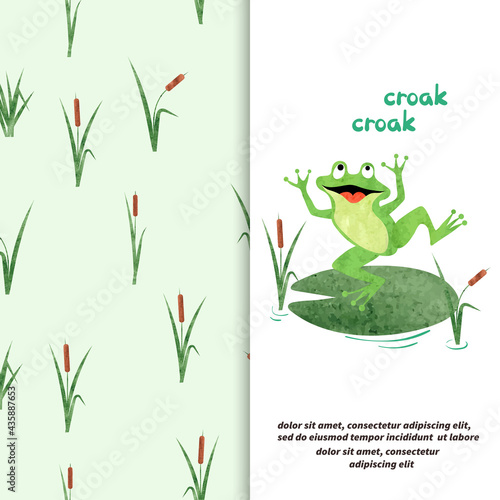 Marsh vector set. Cartoon Frog on lily pad and reeds pattern.