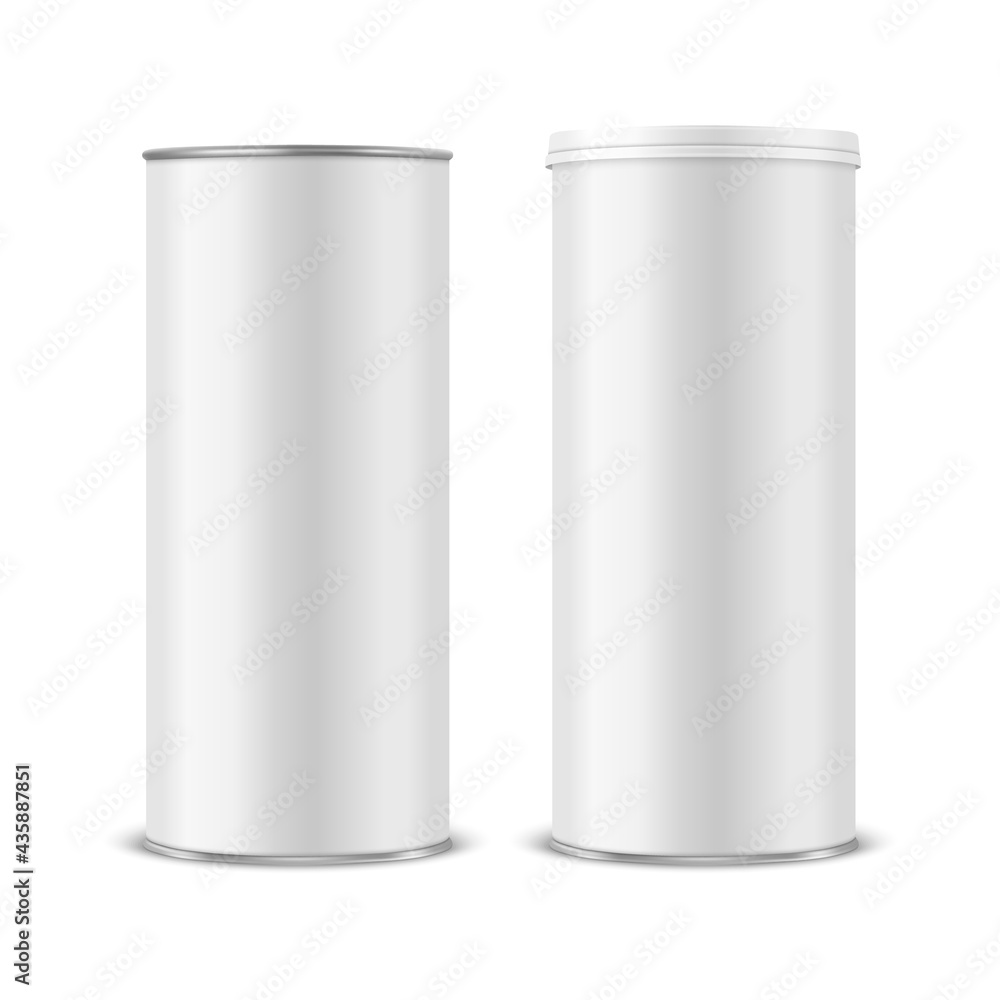 Vector 3d Realistic Blank White Metal Tin Can, Canned Food, Potato Chips Packaging With Lid Set Isolated On White Background. Medium Size. Design Template, Mockup. Front View Vector 3d Realistic Blank White Metal Tin Can, Canned Food, Potato Chips Packaging With Lid Set Isolated On White Background. Medium Size. Design Template, Mockup. Front View