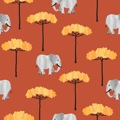 Crédence de cuisine Éléphant patrons Éléphants savane arbres aquarelle africaine  © Afanasia