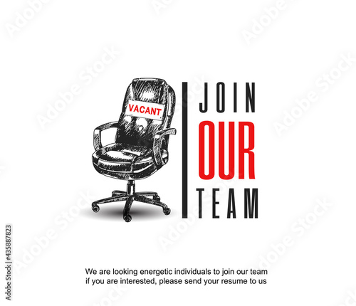 Business recruiting concept, join our team with office chair vacant sign. Vector illustration with hand drawing style