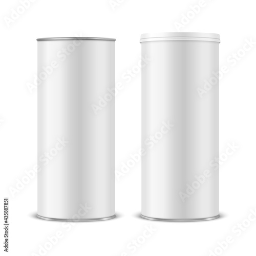 Wallpaper Mural Vector 3d Realistic Blank White Metal Tin Can, Canned Food, Potato Chips Packaging With Lid Set Isolated On White Background. Medium Size. Design Template, Mockup. Front View Torontodigital.ca