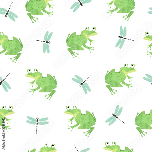 Seamless green frog pattern. Vector watercolor illustration with frogs and dragonflies.