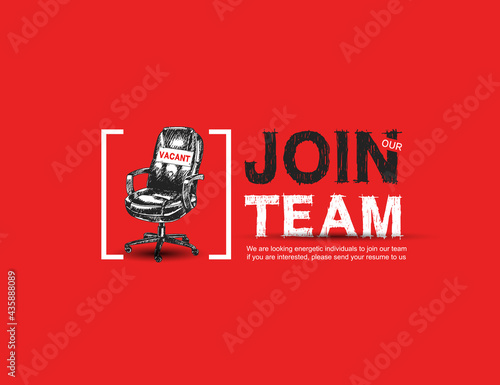 Join our team with sign vacant office chair red background. Business recruiting concept with hand drawing style