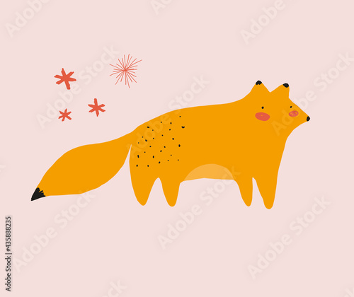 Funny Woodland Vector Illustration with Lovely Fox. Cute Orange Fox and Red Stars isolated on a Pastel Pink Background. Childish Style Nursery Art ideal for Card, Wall Art, Poster, Decoration.