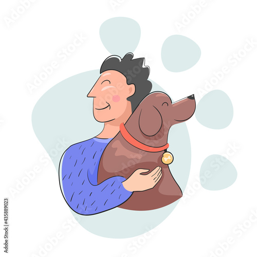 friendly domestic dog hugs together with man