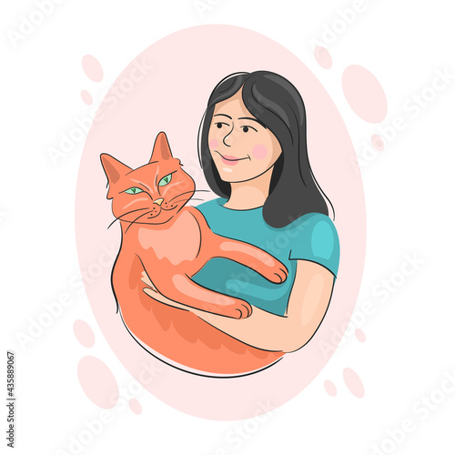 People hugs together with lovely domestic cat