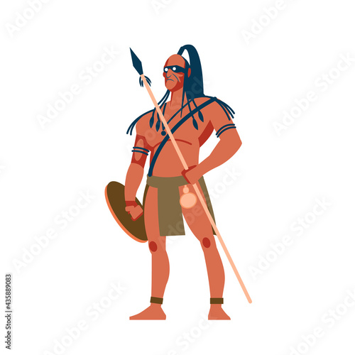 Armed native people of African tribes, Australian and American aboriginal set, tribe member in traditional clothing with a spear and shield in his hands. Vector Illustrations on a white background.