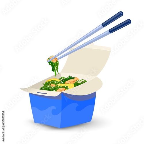 Cartoon of seaweed with seafood under sesame and lemon slices. Vector chopsticks holding piece of kelp with shrimp. Concept of chinese cuisine, food, delivery service isolated on white