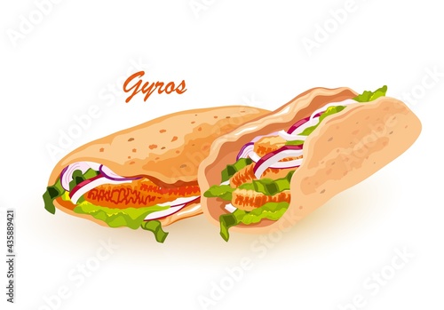 Cartoon of shawarma sandwich gyro fresh roll of lavash, grilled meat, mushrooms, cheese. Vector traditional middle eastern snack, greek dish. Concept of lunch, fast food isolated on white