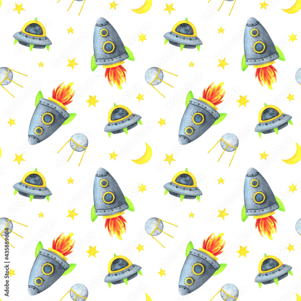 Fototapeta premium Space seamless pattern. A spaceship, a flying saucer, a satellite on a white background of the starry sky. Children's watercolor illustration. Cute print with a planet, meteorite, asteroid