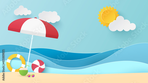 Summer time background. Blue sea and beach with stuff for summer. Paper cut and craft style illustration