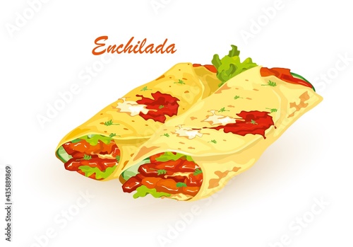 Cartoon of hot fresh pita bread with fresh farm vegetables lettuce, tomato and nutritious meat, spicy sauce. Vector fast food, lunch, snack. Idea of takeaway, unhealthy food isolated on white