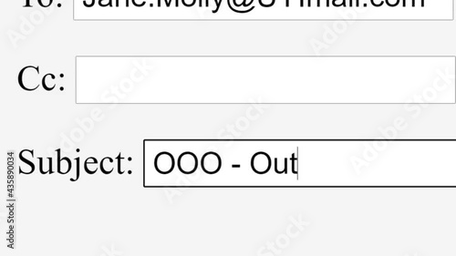 Entering Email Subject Topic Out Of Office Reply in Online Box. Send OOO Response Communication to Recipient by Typing E-Mail Subject Line Website. Type Letters. Viewpoint of Monitor Screen.