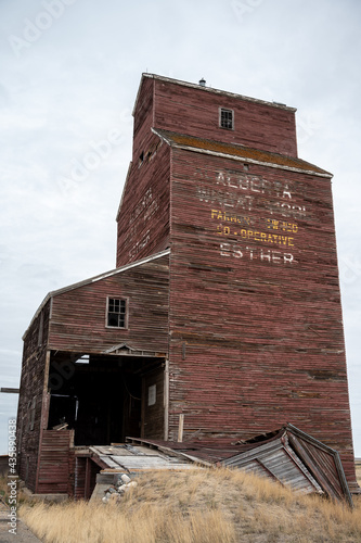 Esther, AB - May 21, 2021: Old abandoned Alberta Wheat Pool elevator in the ghost town of Esther.