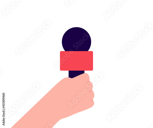 Microphone in hand for interview, broadcast, hot news on radio or tv. Mic, mike object. Vector flat illustration