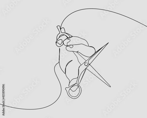 Continuous line, Hairdresser's Hands with Scissors. Drawing of set Fashion. (Vector illustration one line drawing)