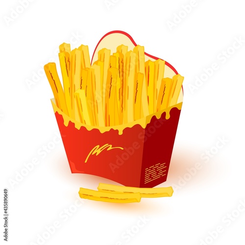 Appetizing, crispy, salty french fries in paper cup. Hot potato finger chips in disposable packing on napkin. Fast street food for snack. Cartoon vector illustration isolated on white background.